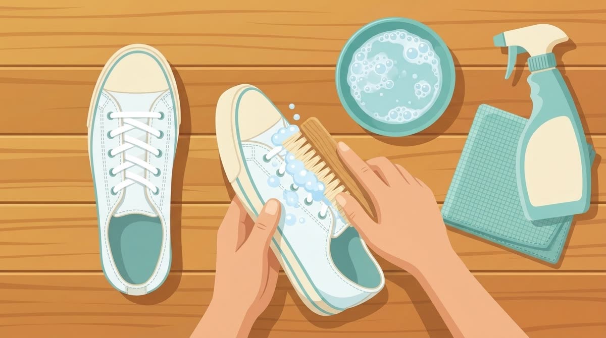 Membersihkan sepatu kanvas dengan sikat lembut dan busa sabun