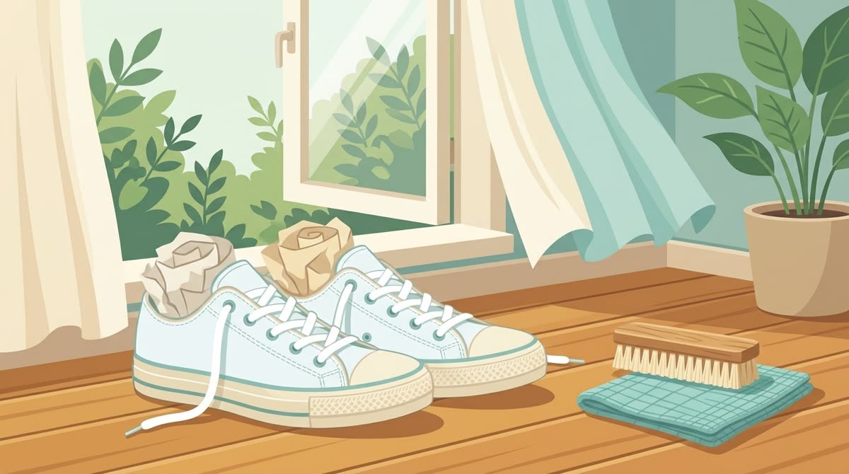 Mengeringkan sepatu di tempat teduh dengan isian kertas